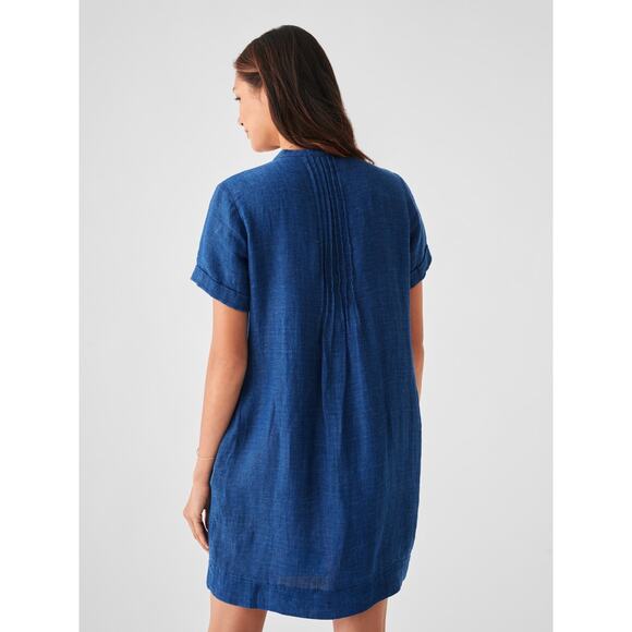 Faherty Gemina Linen Dress Pintuck Indigo Blue Short Sleeves Women Size Small - Picture 4 of 10
